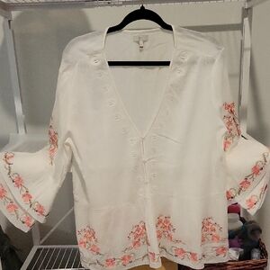 Joie White Blouse with Pink Floral Embroidery